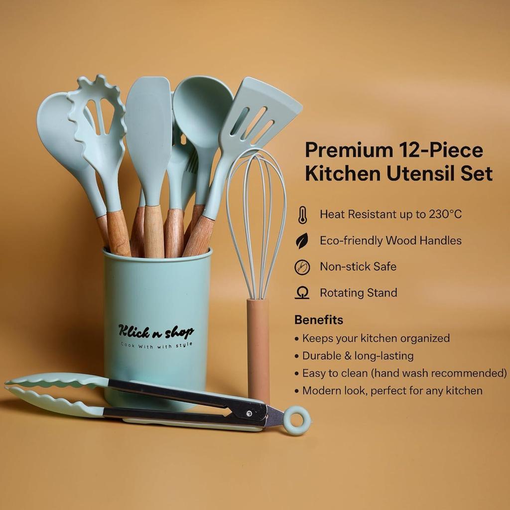 12 Pc Silicone Kitchen Utensils & Spatula Set | Non-Stick Cooking & Baking Tools with Wooden Handle
