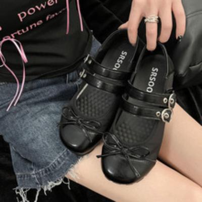 Модная ретро обувь на плоской подошве с круглым носком и неглубоким вырезом, женские балетки Мэри Джейн с двойной пряжкой, повседневные лоферы с бантом для женщин