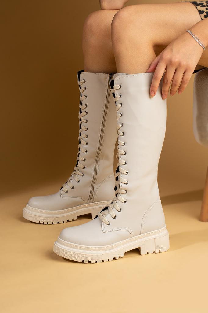 Удобные женские ботинки ниже колена на толстой подошве со шнуровкой и молнией 59-904-24