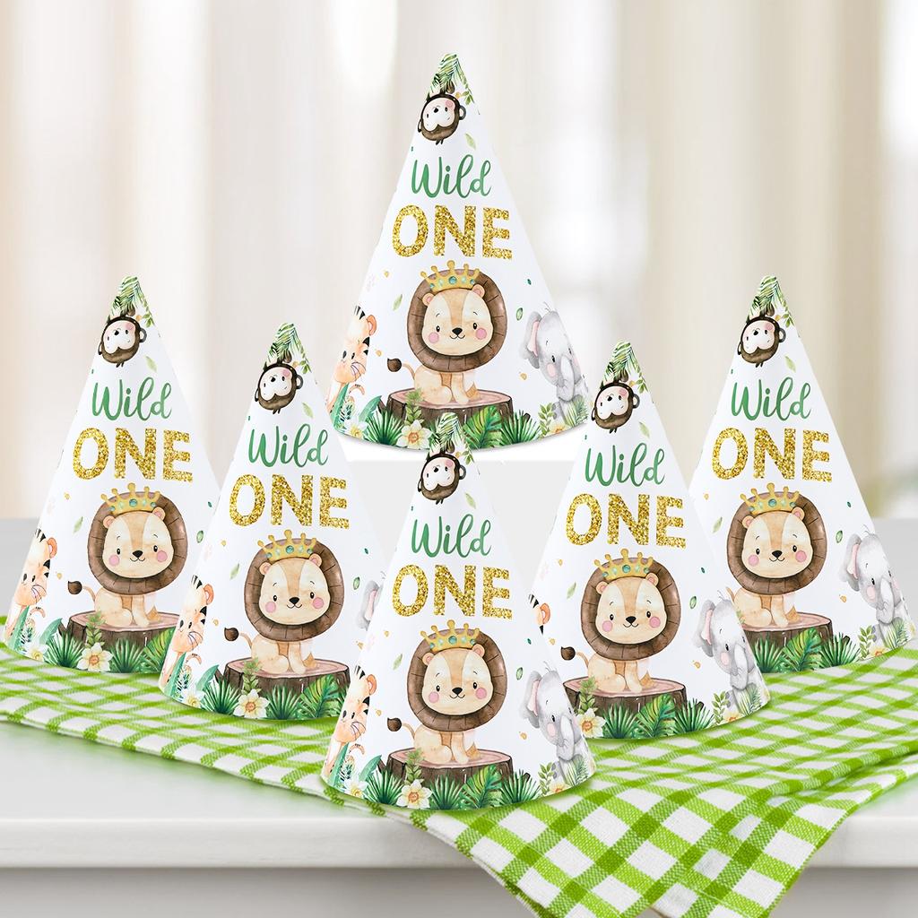 Wild One Бумажные шляпы Шляпа с изображением животных в джунглях Декор для вечеринки по случаю дня рождения Детский лес День рождения Baby Shower Товары для вечеринки Декор для домашней вечеринки