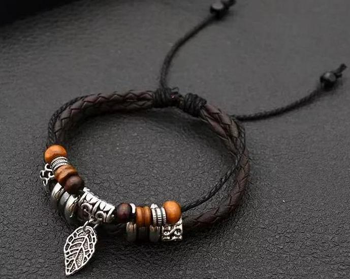 Браслет ручной работы из коровьей кожи в стиле ретро унисекс с узором креста и листьев