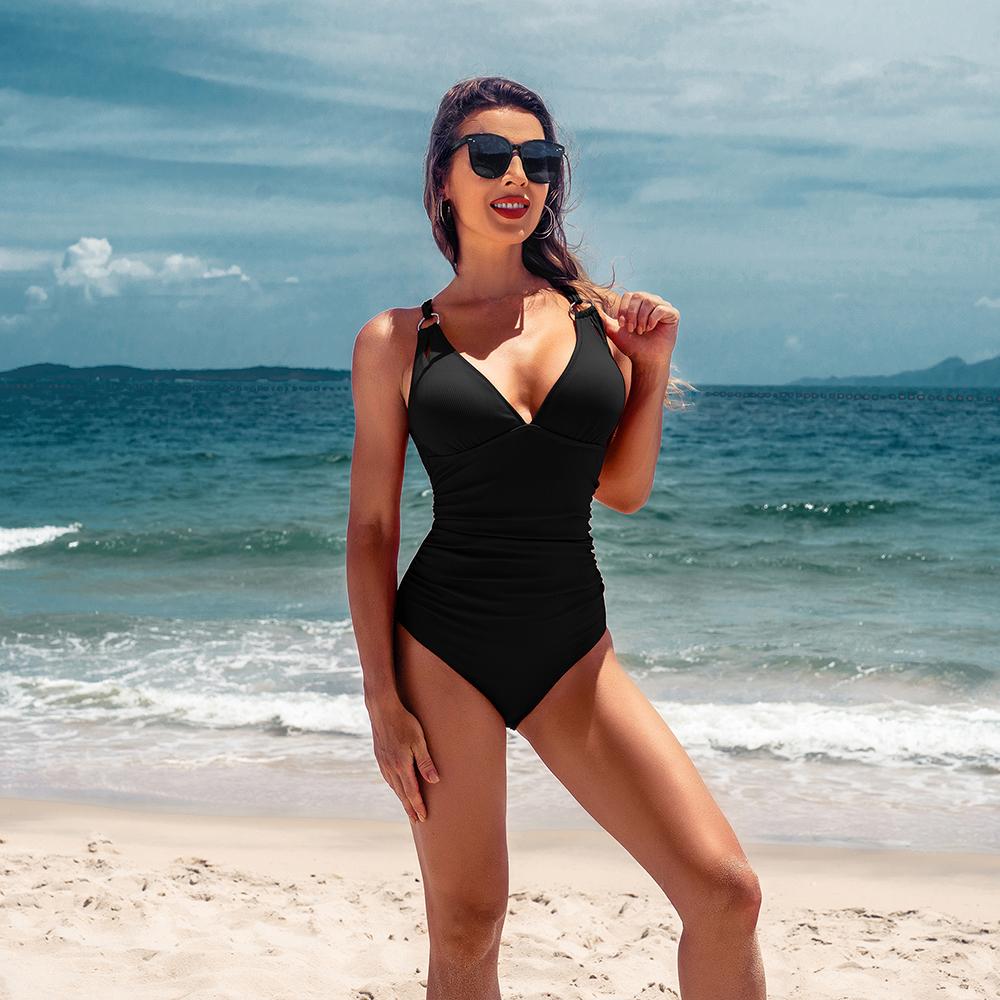 CHARMLEAKS Женский цельный модный купальник, сексуальный купальник с глубоким v-образным вырезом и высоким вырезом, рюшами, монокини, сплошной цвет, купальник с перекрёстком