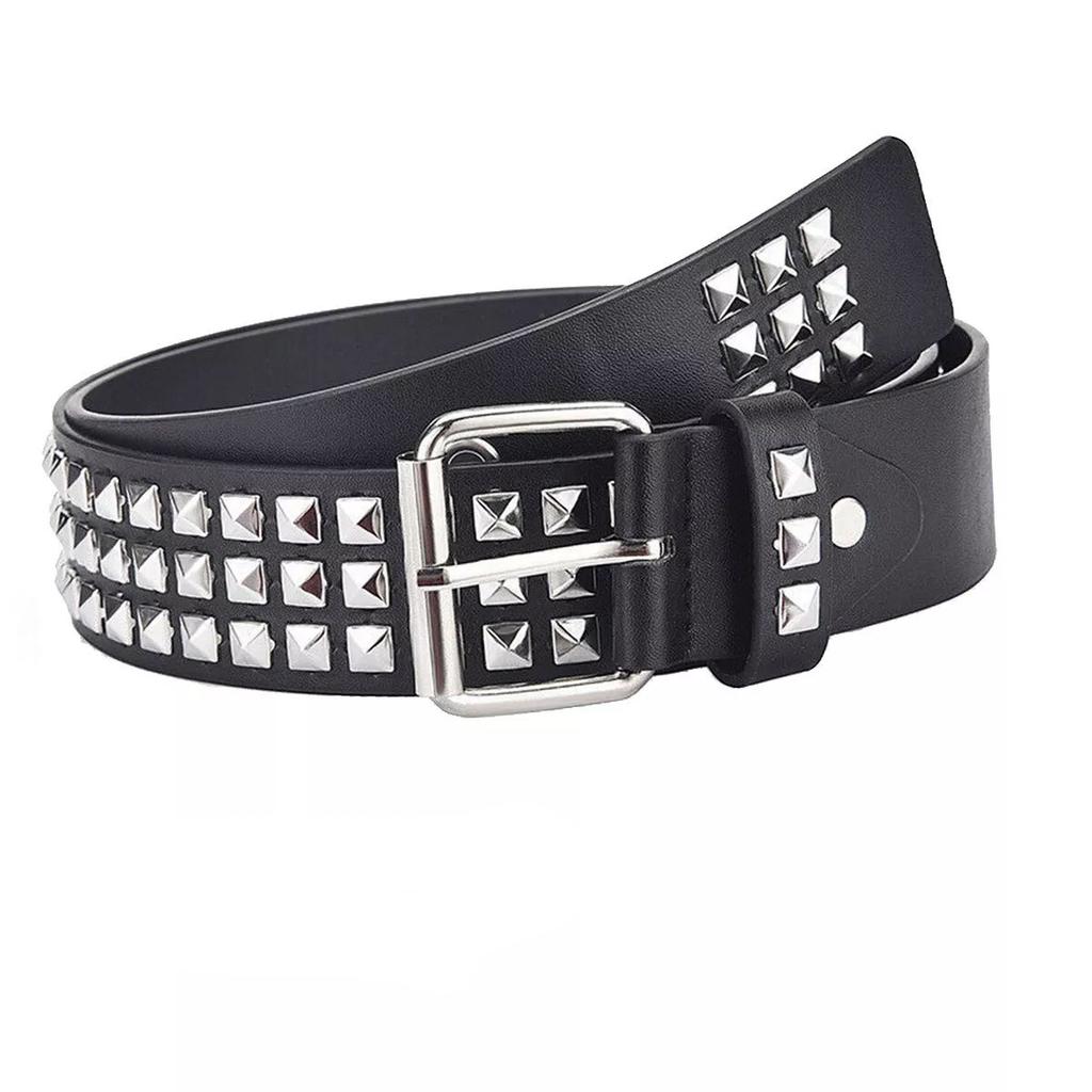 Unisex PU Leather Belt 3 Row Pyramid Studded Silver Belt Punk Goth Accessories NEW