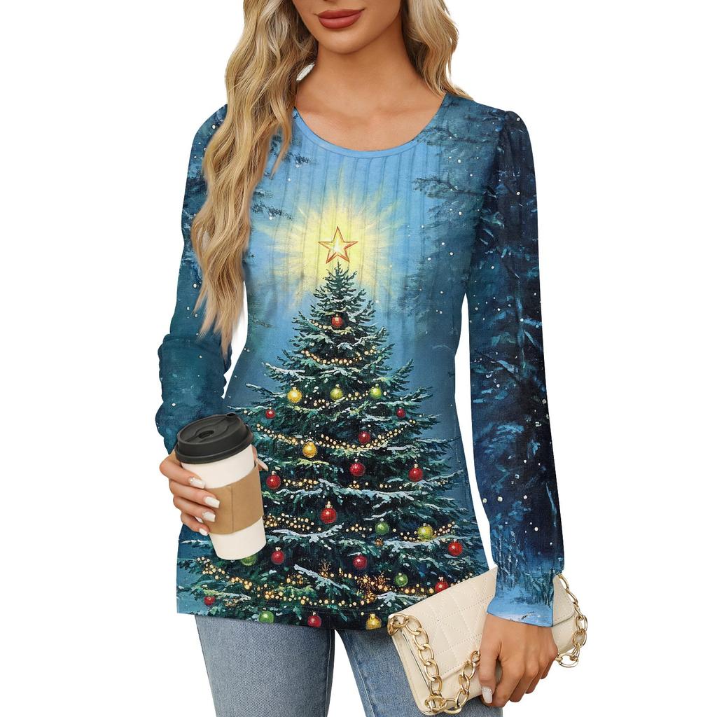 Рубашки с длинным рукавом для женщин Милые принты Графические футболки Блузки Нарядные повседневные блузки Плиссированные туники с круглым вырезом Топы Рождество