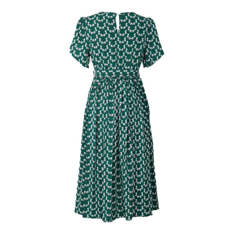 Summer Women Floral Print Long Dress O Neck Short Sleeve Holiday Style