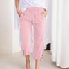 Брюки для женщин, повседневные летние однотонные эластичные брюки с высокой талией из хлопка и льна, свободные брюки с карманами и завязками до середины штанин