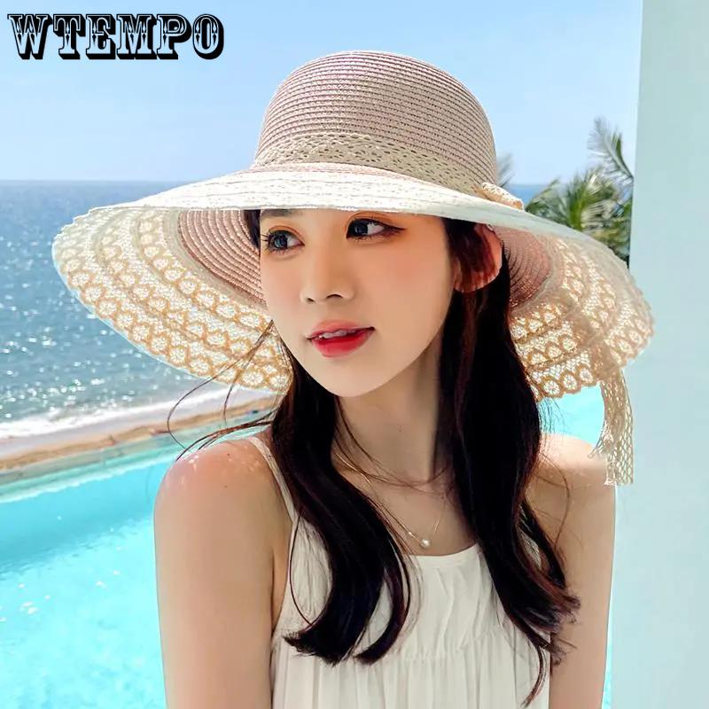 WTEMPO Beach Vacation Sunscreen Hats Women's Summer Lace Patchwork Large Brim Straw UV-proof Fisherman Hats