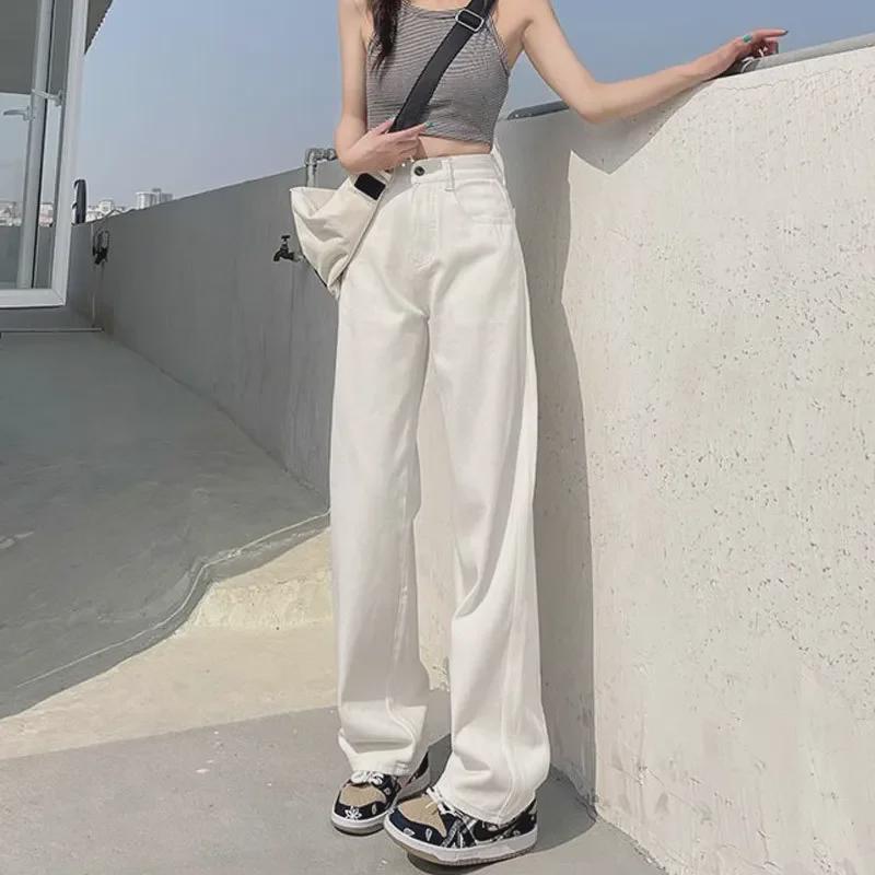 High-Waist White Pear-Shaped Wide-Leg Jeans for Women - Perfect for Spring, Summer, and Autumn