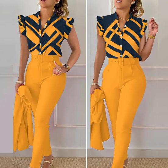 2 шт./компл. летние наряды с v-образным вырезом на пуговицах и высокой талией с рюшами на рукавах и принтом, повседневная одежда, одинаковый пояс