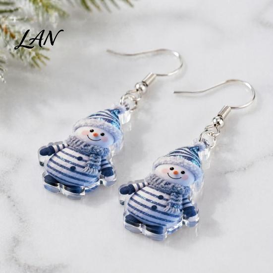 Acrylic Hangtag Earrings 1 Pair Cute Christmas Snowman Dangle Drop Earrings, Striped Design Hook Winter Holiday Party Jewelry for Women Anti-rust Ear