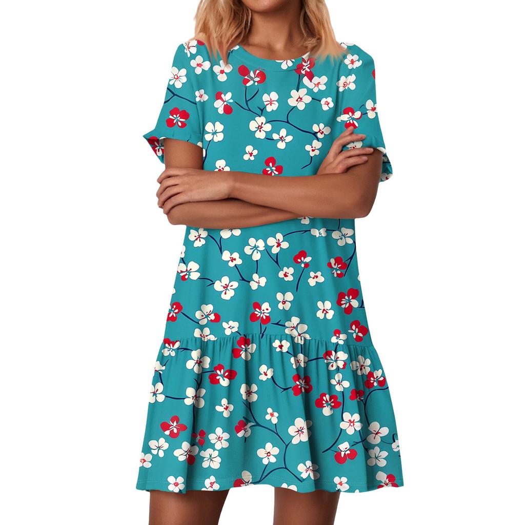 Женские модные повседневные платья с круглым вырезом и коротким рукавом с оборками и винтажным принтом