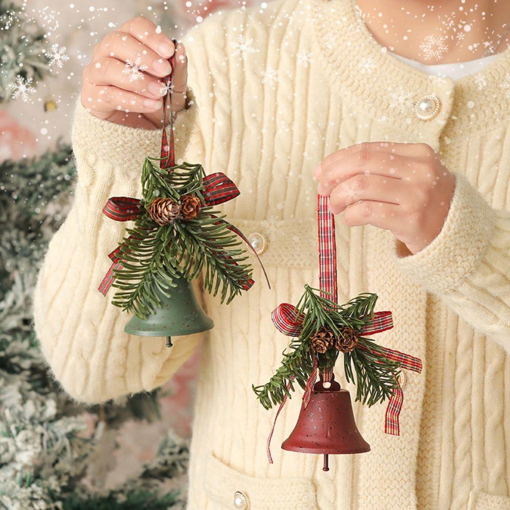 Green Christmas Chime Bell Red Pine Cone Bell Pendant Christmas Velvet Bow Bell Xmas Decor