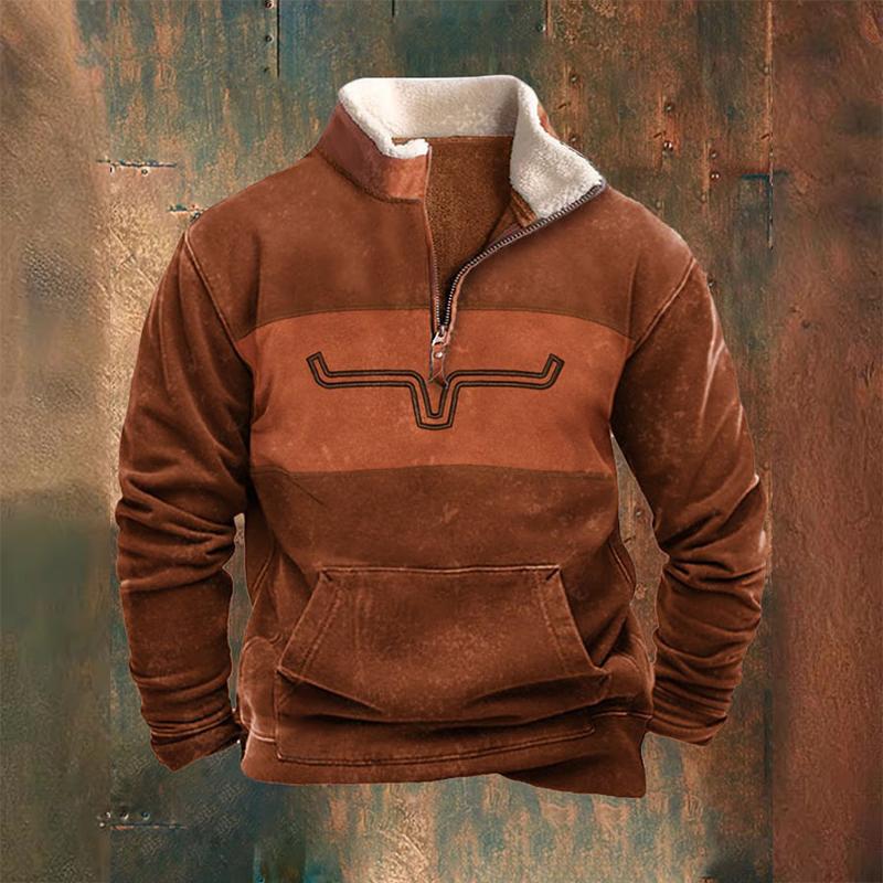 Мужская флисовая куртка в стиле вестерн, ковбойский свитер с принтом головы быка, застежка-молния на 1/4, воротник-стойка, длинный рукав, толстовки в деревенском стиле, пальто-пуловеры