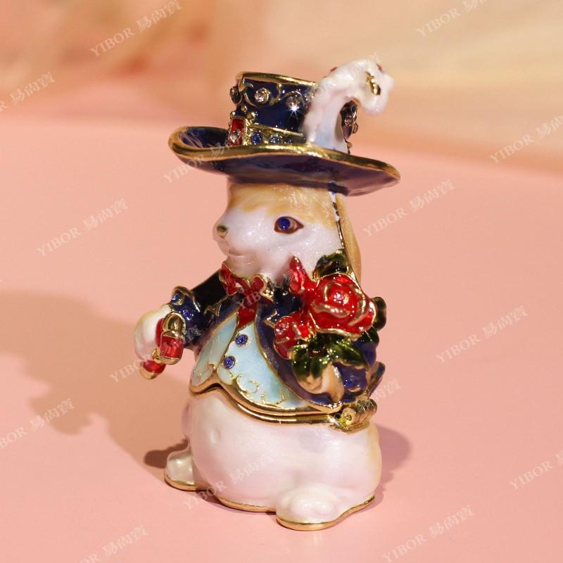 Elegant Enamel Jewelry Box With Rabbit Duke Duchess Figurines Handmade Alloy Decorative Gift Couples