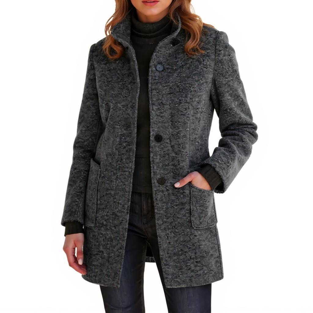 Ladies' Casual And Fashionable Solid Color Button Up Collar Woolen Coat