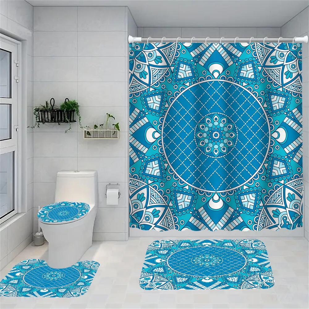 Geometric Pattern Shower Curtain Set With Toilet Seat Cover And Rug 70.8x70.8 Inch