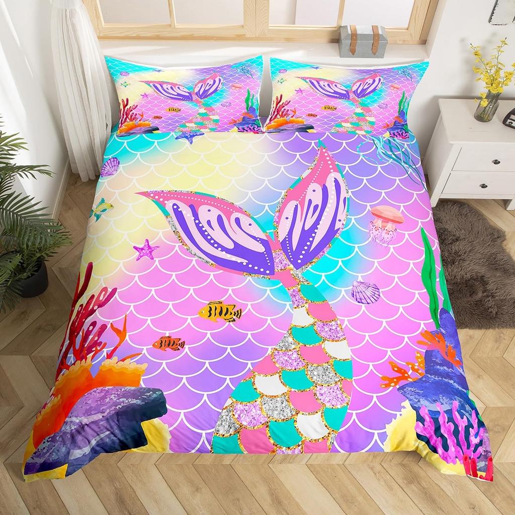 Erosebridal Mermaid Tail Comforter Cover,Kids Fish Scales Duvet Cover Twin,Girly Shell Starfish Bedding Set Ocean Life Sea Animal Bed Sets P