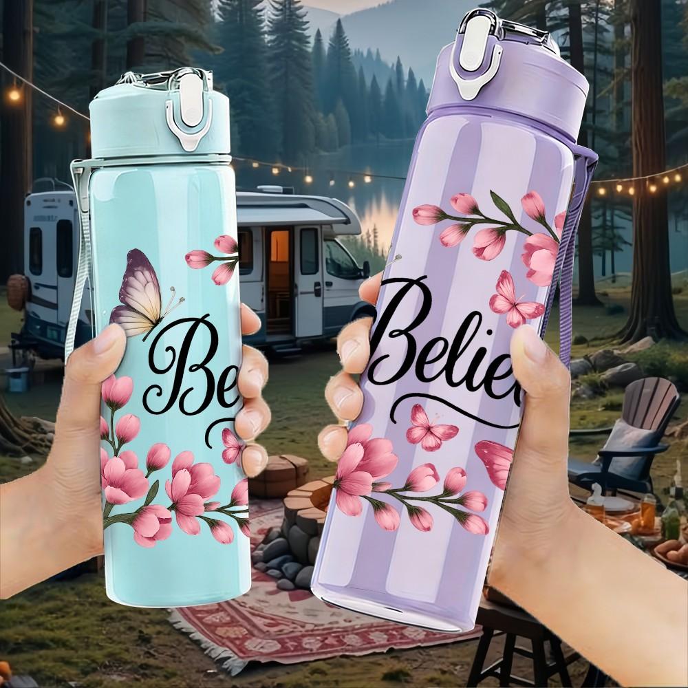 1PC Believe Butterfly Pink Floral 750ml Color Plastic Sports Water Bottle Leakproof Flip Straw Lid Suitable for Sports Office Home Use