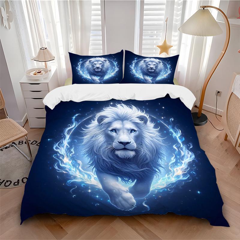 3pcs Blue Flame Majesty Lion Bedding Set - 1 Soft Quilt Cover + 2 Pillowcases, Machine Washable - Suitable for All Seasons, Perfect Gift for Fami