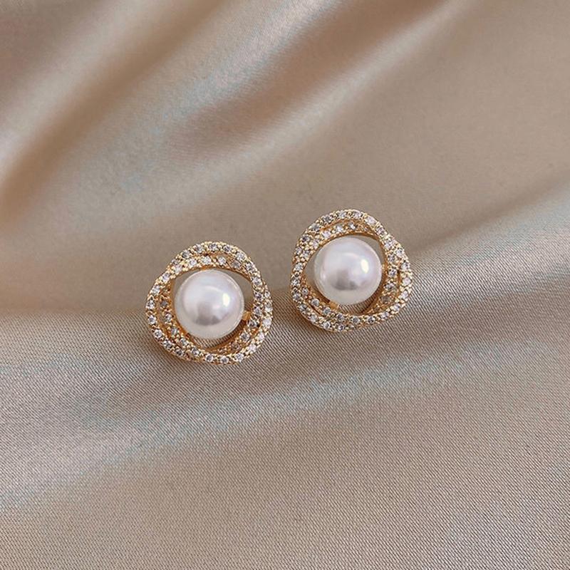 French Flash Diamond Spiral Pearl Ear Stud Silver Needle Gold Simple Earrings For Women Earring Accessories