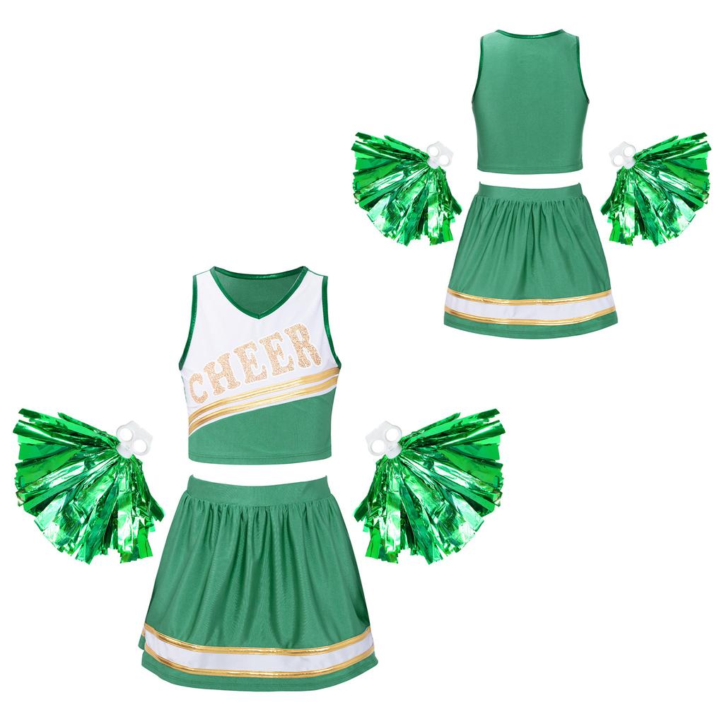 Детский танцевальный комплект Черлидинга для девочек, укороченный топ без рукавов с v-образным вырезом и буквенным принтом, юбка и 1 пара цветочных шариков с кисточками