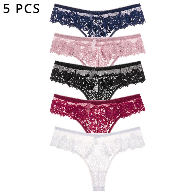 5 Pcs Floral Lace G-String Panties Women's Solid Color Low Waist Briefs Hollow Through Thong Underwear Lot