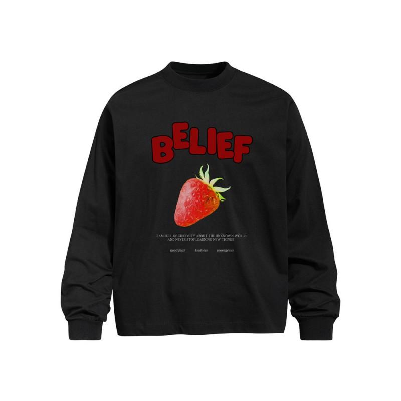 Mens Loose Fit Long Sleeve Cotton T-Shirt With 3D Strawberry Print Streetwear Casual Top Fall