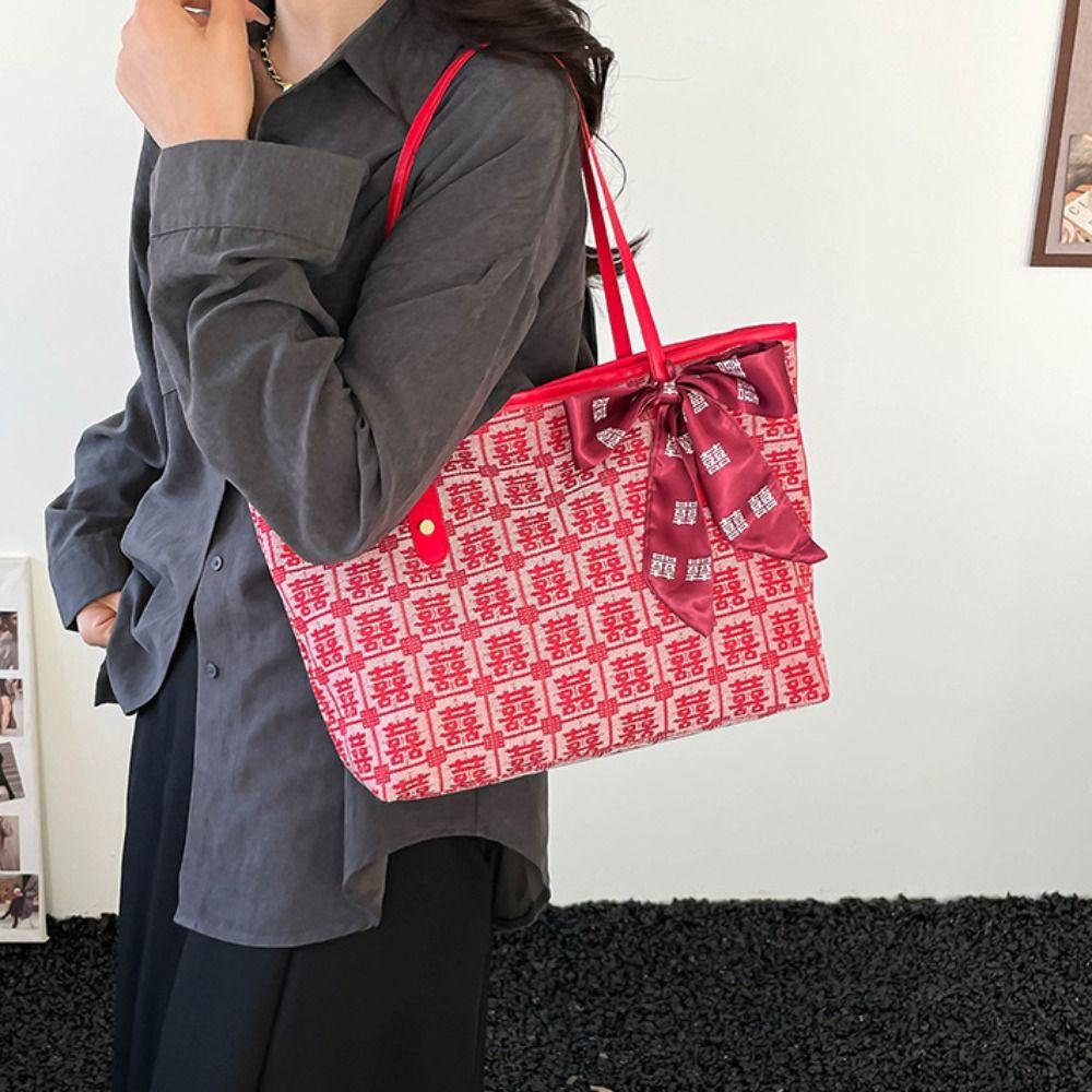 Reusable Women Tote Bag Large Capacity Bridal Shoulder Bag Traditional Red Envelope  Baby Shower