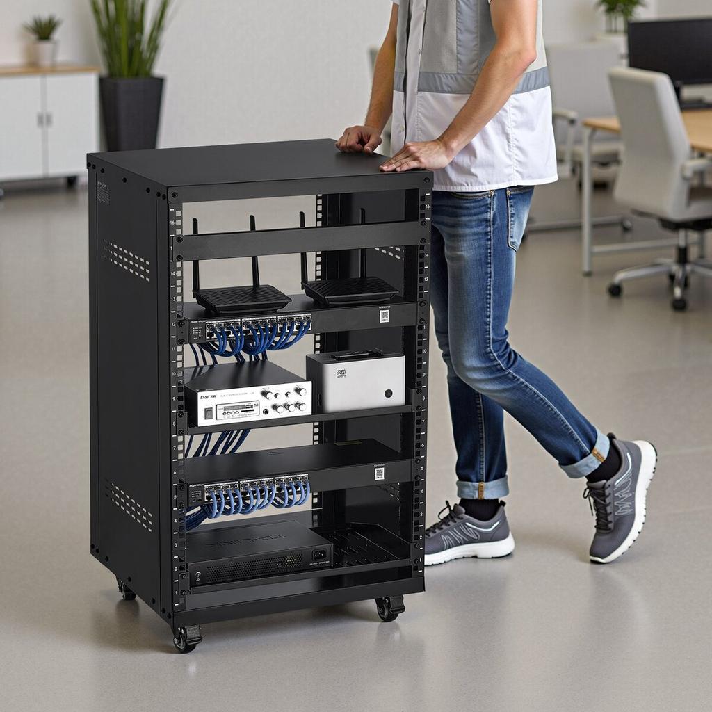 16U AV Rack, 90.7 kg Max Load Capacity, Home Recording Studio Rack with Lockable Caster Wheels, Open Frame Server Cabinet, Special Vent Design, for