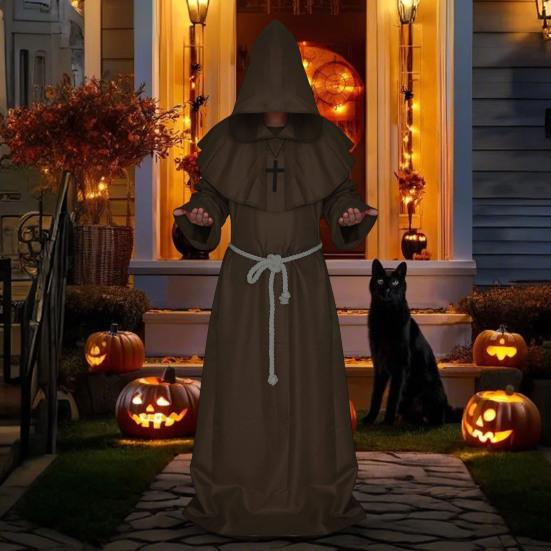 Friar Medieval Hooded Robe Monk Renaissance Priest Costume Halloween Wizard