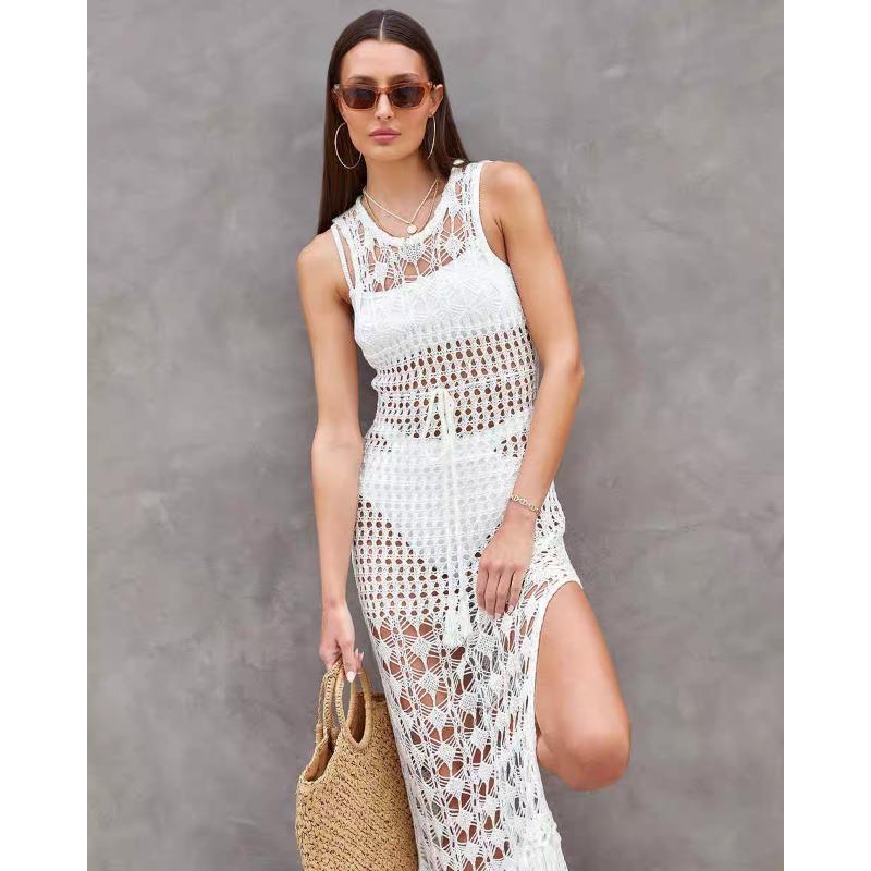 Летнее женское полое вязаное сексуальное платье с кисточками, пляжное бикини, прикрытие, праздничный купальник, длинное платье