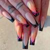 24pcs Glossy Black French Tip Press On Nails with Fluorescent Flame DesignHalloween Nails For Music Festival