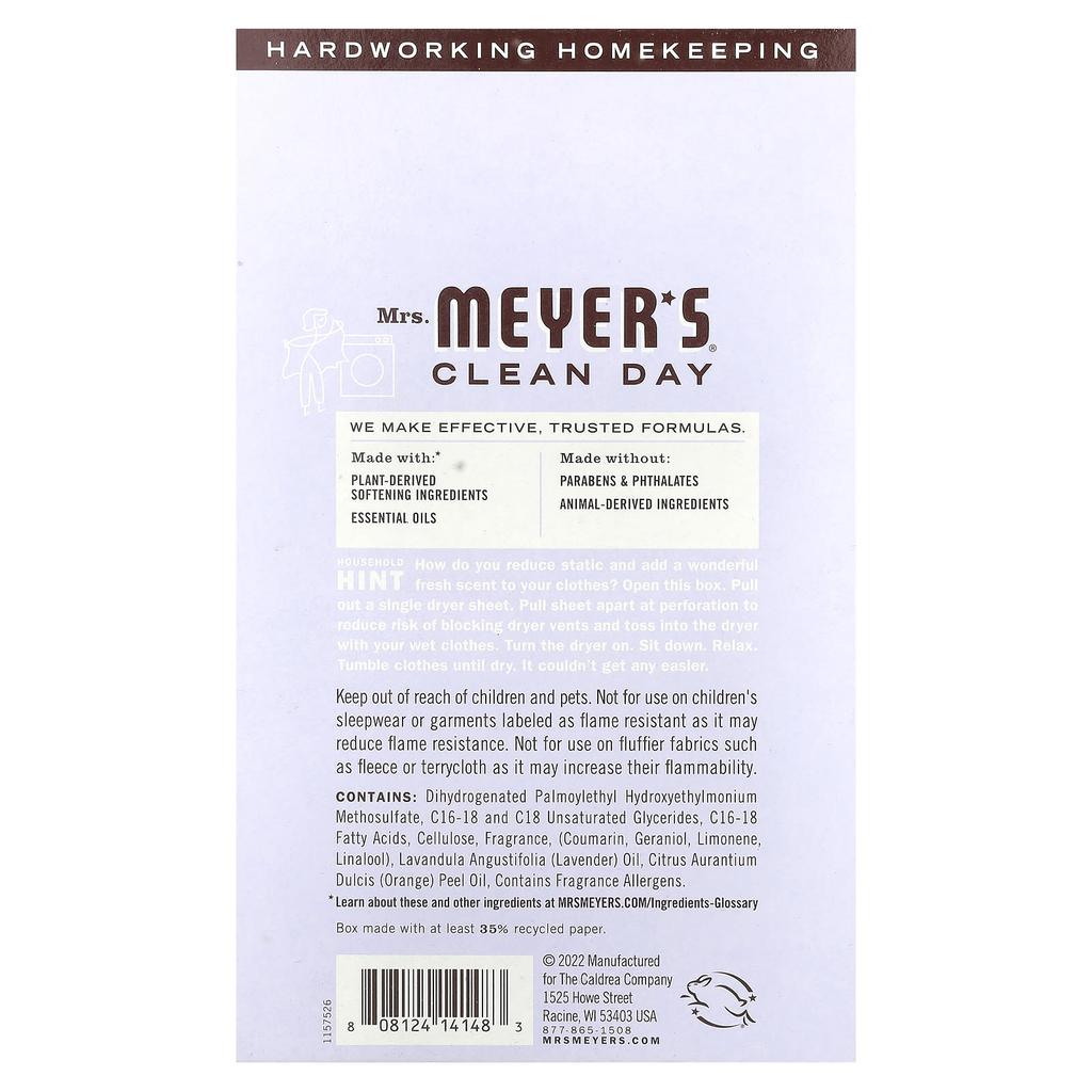Mrs. Meyers Clean Day Dryer Sheets, Lavender, 80 Sheets
