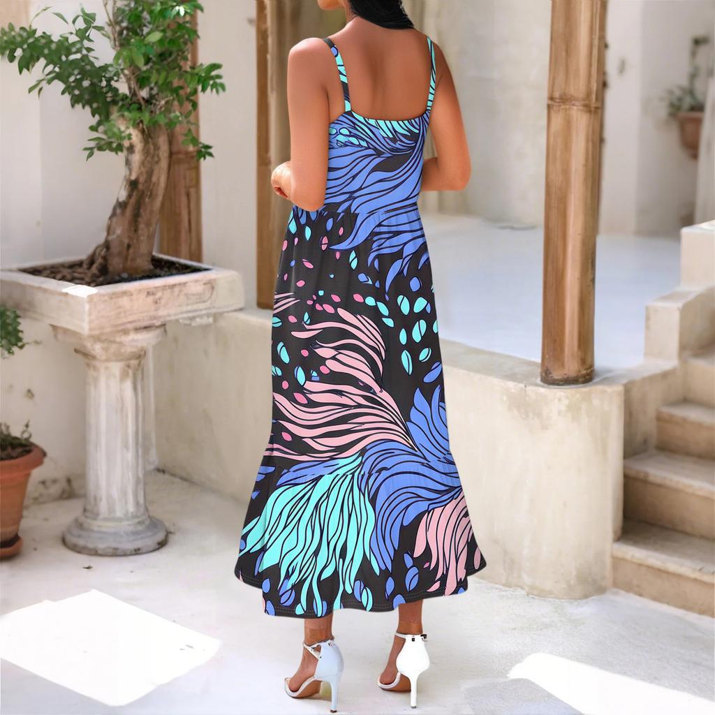 Women's Long Beach Casual Elegant Spaghetti Strap Maxi Dress Stitching Low-key Flowing Bohemian Dress