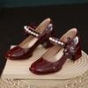 Fashion Brides Pearl Beaded High Heels Shoes Ladies Wedding Mary Janes Block Heeled Pumps Woman Hook&Loop Tacones Wedges Escarpins Femme