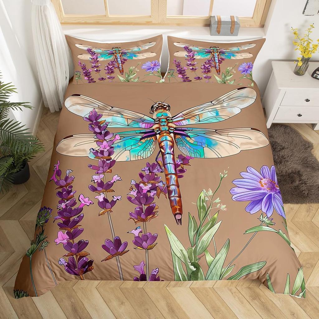 Dragonfly Duvet Cover Queen Botanical Floral Comforter Cover Vintage Style Sunflower Bedding Set Natural Pastoral Spring Decor