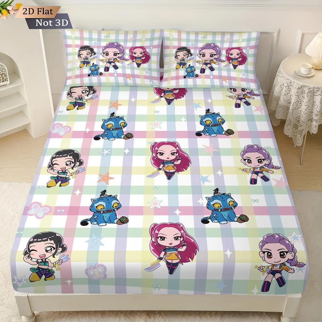 3pcs K-Pop Demon Hunters Print Coreless Bed Sheet Set Multiple Sizes Soft Bed Cover Bedroom Bedding Decoration Machine Washable