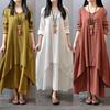 New Women Vintage Solid Color Long Sleeve V Neck Pockets Maxi Dress Tunic Kaftan