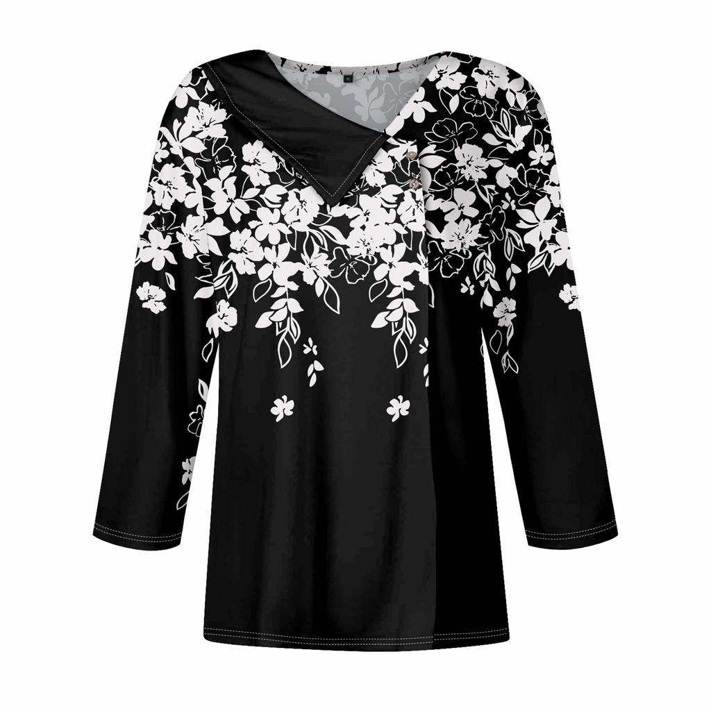 Женская футболка с принтом, пуловер с рукавами 3/4 и V-образным вырезом и пуговицами
