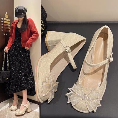 Мода 2025 Новая универсальная женская обувь с простым комфортом, круглым носком и толстым каблуком. Обувь с бантом-бабочкой. Модные женские туфли на высоком каблуке