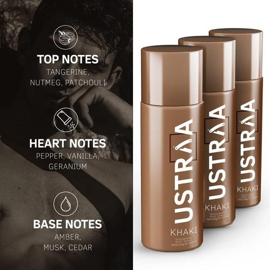Ustraa Khaki Deodorant Body Spray For Men - 150ml | Rusty, Manly, Long-Lasting Fragrance | Skin-friendly Deodorant