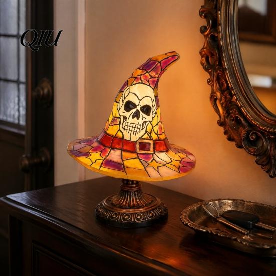 Fall Home Accents Stained Glass Halloween Pumpkin Table Lamp, USB Powered Resin Night Light with Fantasy Gift for Friends Warm Glow, Gothic