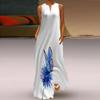 Women's A-line Dress Maxi Long Sleeveless Blue Dandelion Print Autumn/winter V-neck, Elegant and Retro Style