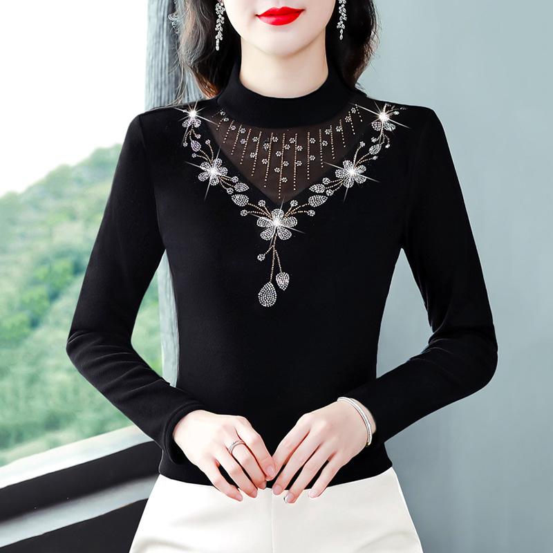 Футболка с длинными рукавами и воротником-стойкой для мамы среднего возраста, женская рубашка-топ