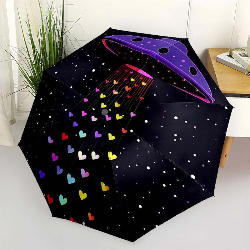 1pc UFO Hearts Automatic Folding Umbrella with 8-Rib Windproof Design, Portable Foldable Sunshade Umbrella For Halloween 059