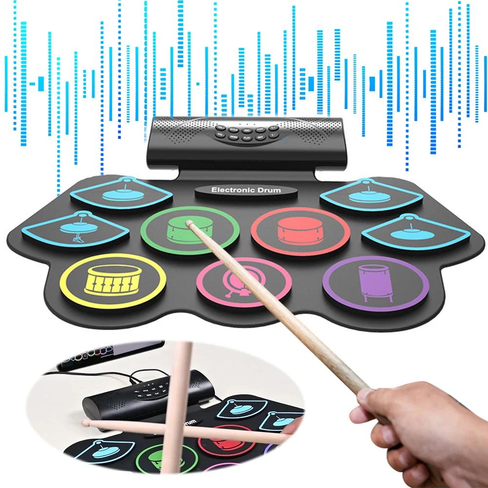 Electronic Drum Set with Drum Sticks and Pedals Portable Practice Drum Pad Kit BT Electric Drum Set for Kids Boy Birthday Gifts