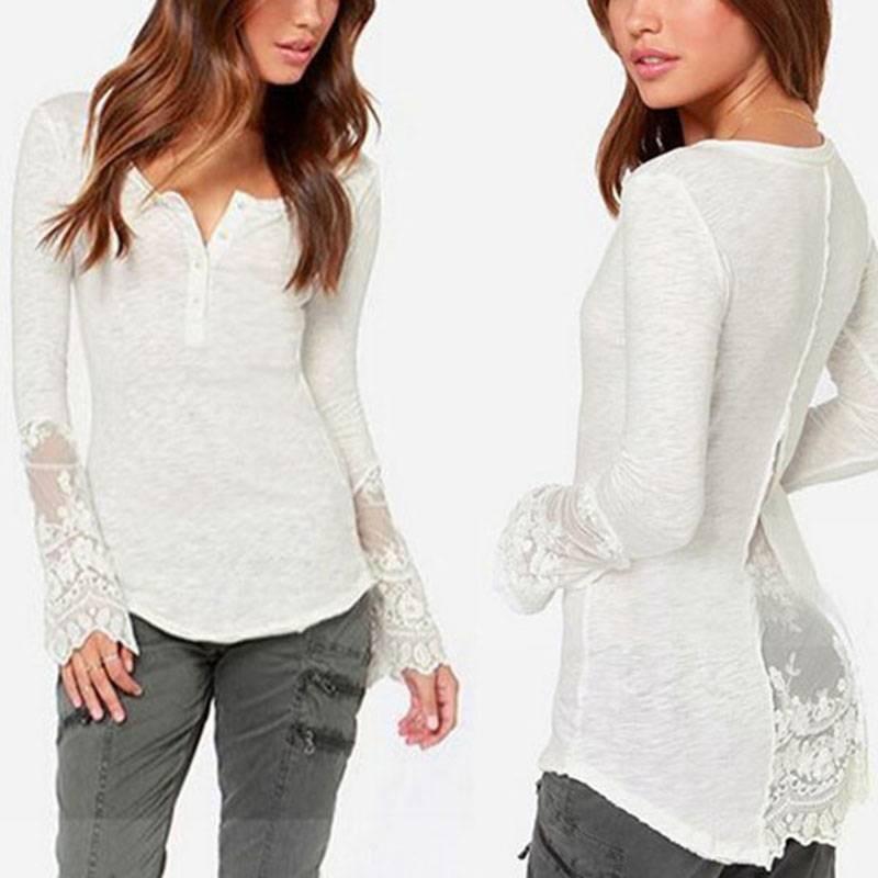 Elegant Lace Stitching Women's T-shirt Slim Fit Long Sleeve Cotton Top