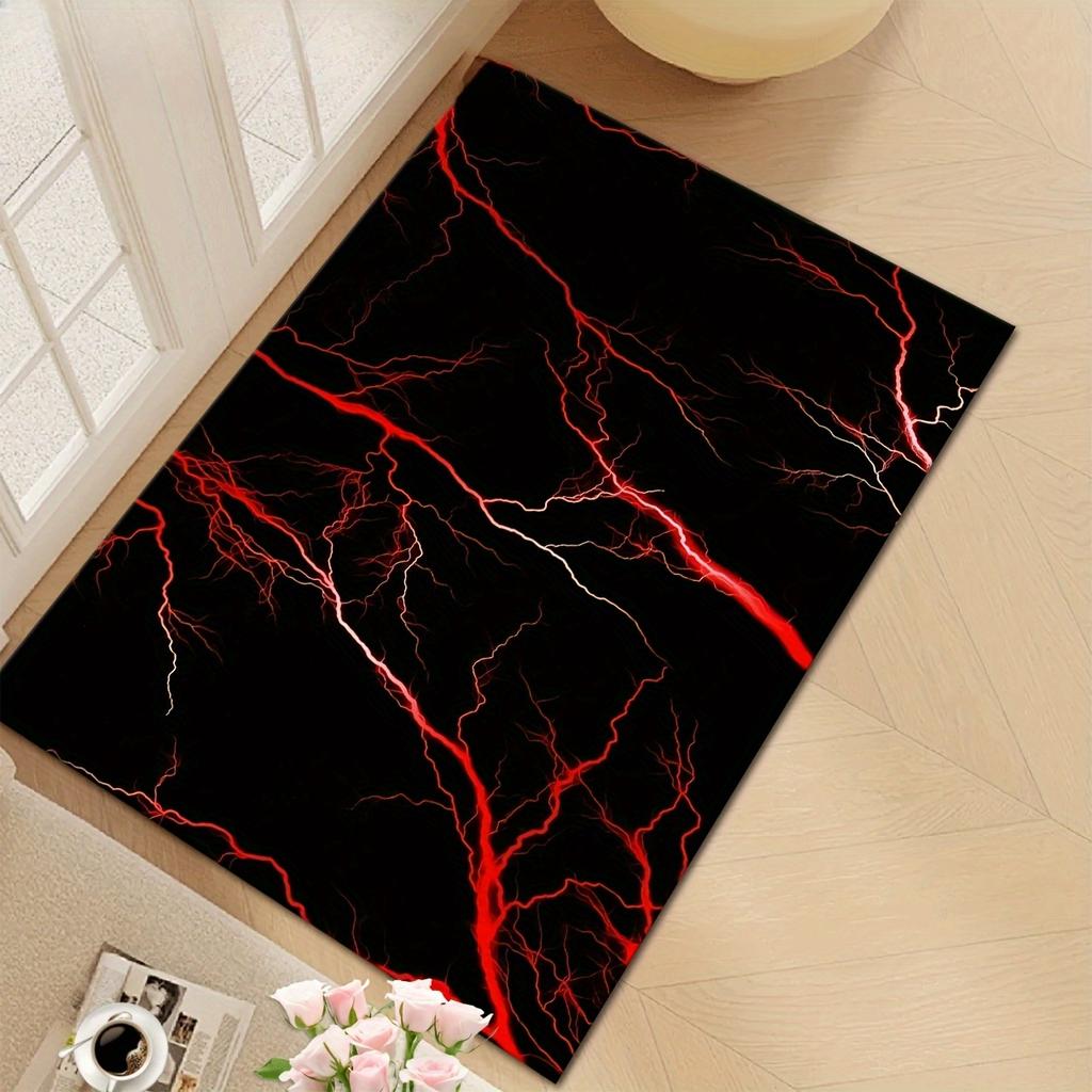 Lightning Polyester Mat, Black Red Design, Machine Washable Non Slip, Soft Fluff Floor Rug, Large Durable Living Room Decor