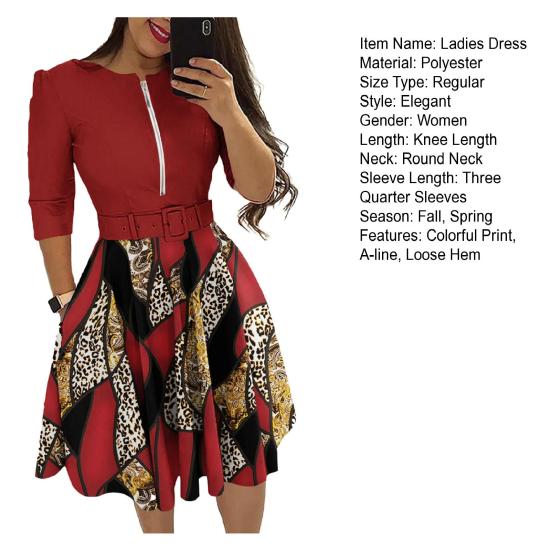 Ladies Dress Zipper Decor Belted Tight Waist Color Matching Print Round Neck Pockets Three Quarter Sleeve A-line Loose Hem Spring Fall Mini Dress