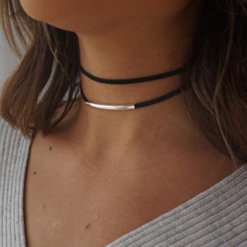 New Fashion Bending Tube Velvet Choker Necklace Double Layer Style Torque Black Short Leather Necklace Charm Collier Femme